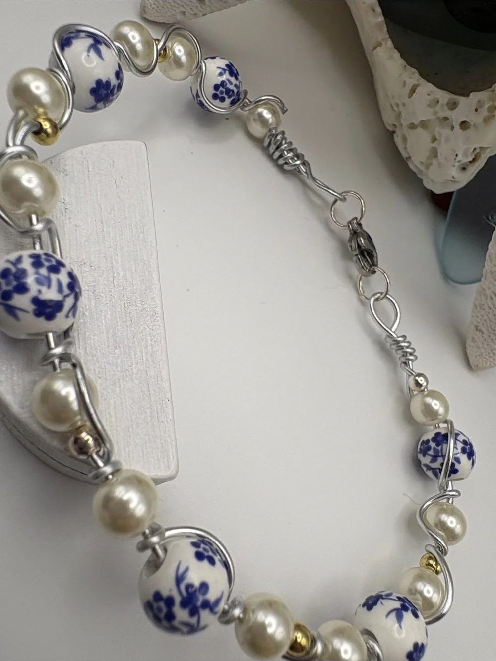 Pearl & Blue Floral Ceramic Bead Bracelet